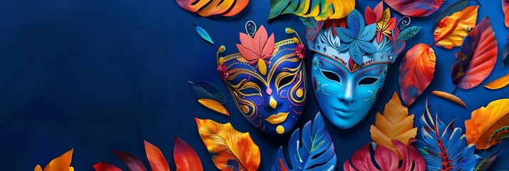 Fototapeta premium bright and colorful masks and colorful leaves on a blue background
