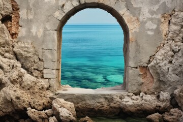Stone Window with Scenic View of Razanac Turquoise Waterfront and Hilltop Church Architecture