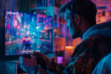 Obraz premium A man is intensely engaged in a video game, controller in hand, with a vibrant game screen in the background