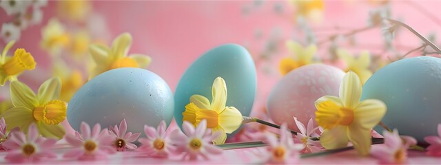 Artistic Easter arrangement and multicolored patterned eggs surrounded by flowers on a soft pink background