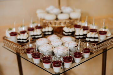 Almond cookies, sweet cakes for a wedding banquet. A delicious reception, a luxurious ceremony. Table with sweets and desserts. Delicious colorful French desserts on a plate or table. Candy bar.