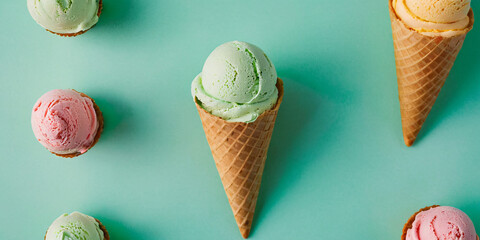 Colorful ice cream in a cone on a mint color background.