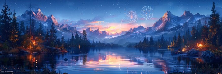 Majestic night scene of forests and mountains