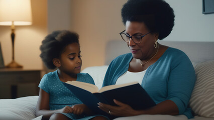 Grandmother reads a book to her granddaughter before bed. - Powered by Adobe