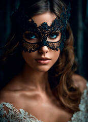 Naklejka premium Black lace mask on a woman face. Selective focus.