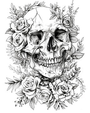 Skull design with flowers. Black and white illustration. Illustration for design of tattoos, stickers, posters, coloring books.