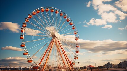 The majestic Ferris wheel rides against the backdrop of a clear sky - obrazy, fototapety, plakaty