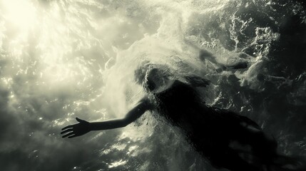 water wave wiped out woman down in depth, drowning woman , psychology, negative feeling and mind conscious concept, Generative Ai
