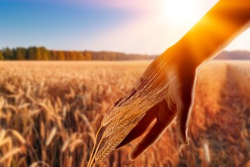 Golden big wheat field and human hands
