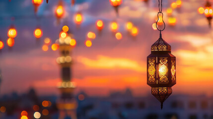 Fototapeta na wymiar Traditional arabic lamp with blurry lights background Eid holidays postcard template