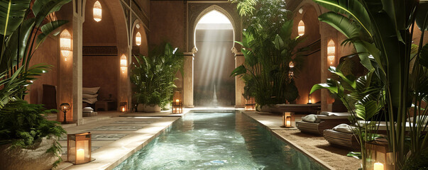 A Turkish hammam, such as lush greenery and decorative water features, to convey a sense of tranquility and rejuvenation. - obrazy, fototapety, plakaty