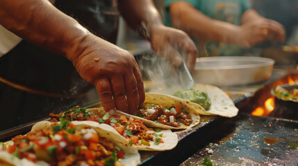 Man's hands cooking mexican tacos kitchen - obrazy, fototapety, plakaty