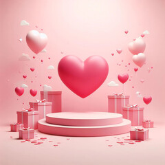Podium background pink 3d product love display platform red heart. Background pink backdrop podium shape minimal scene gift light romantic day Ai generative.