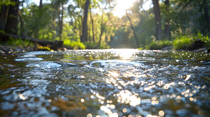 Fototapeta premium A river, with crystal-clear waters reflecting the sky as the background, during a solstice picnic by the water's edge