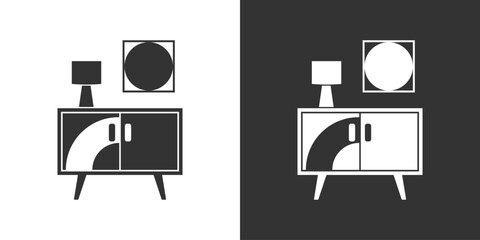 Interior icon with nighrstand, table lamp and poster isolated on black and white background. Vector furniture icon
