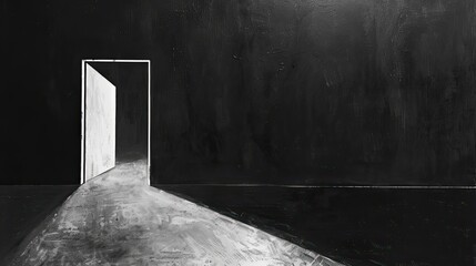 door to the dark, in the style of freeform minimalism, ahmed morsi, minimalist imagery, lasar segall, schizowave, angular, light white and black