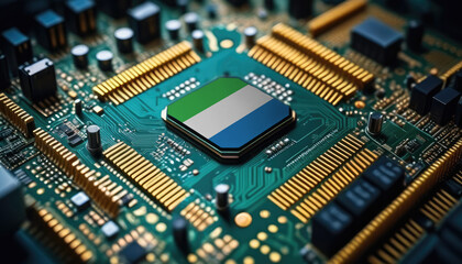 Sierra Leone flag on a processor, CPU or microchip on a motherboard. Concept for the battle of global microchips production.