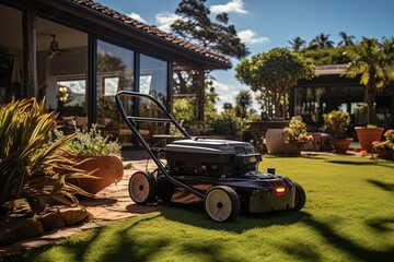 A lawn mower near a one-story house with an evenly mowed lawn illuminated by the morning sun - obrazy, fototapety, plakaty