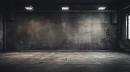Dark grey gradient background spotlight on empty studio room. Empty dark abstract cement wall and studio room with smoke float up interior texture for display products wall background. - obrazy, fototapety, plakaty
