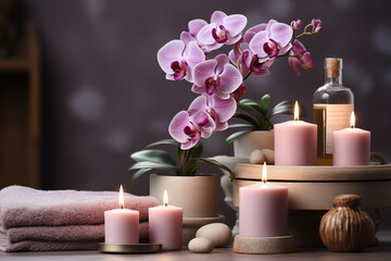 Obraz na płótnie Canvas Beautiful spa composition with lily on brown background. Couple Towels With Candles And Orchid For Natural Massage