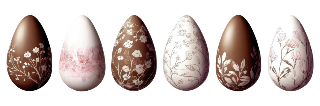 Set of hand-painted chocolate Easter eggs in brown pastel colors. Plant, floral ornament. Spring religious Christian symbols for greeting card design, holiday banners, holiday marketing