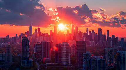 A city skyline, with skyscrapers bathed in the warm glow of the setting sun as the background, during a rooftop party celebrating the summer solstice