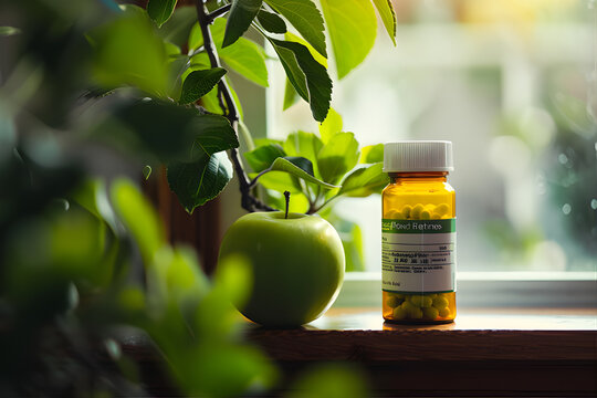 A Close-up Photo Of A Weight Loss Prescription Bottle On A Green Apple Highlights The Contrast Between Clinical White Labels And Natural Hues.