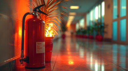 Red fire extinguisher in an office. Concept of prevention, fire emergency, safety, protocol and occupational hazards in public building corridor