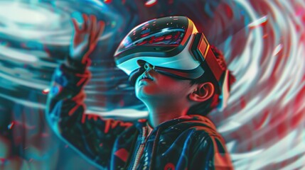 Child, teenager wearing VR glasses. Technological concept of education in virtual reality, learning...