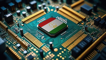Tajikistan flag on a processor, CPU or microchip on a motherboard. Concept for the battle of global microchips production.