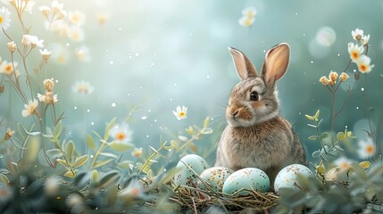 Fototapeta na wymiar easter theme background, beautiful watercolor design with eggs and bunny and leaves 