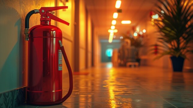 Red fire extinguisher in an office. Concept of prevention, fire emergency, safety, protocol and occupational hazards in public building corridor