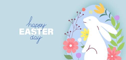 Cute rabbit with flowers on the background of an Easter egg. Vector banner for Easter Day.