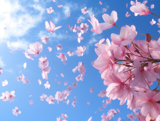 Beautiful bright background with sakura flowers and blue sky. Spring blossom header concept.