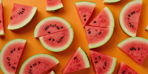 A playful and inviting display of watermelon slices against a citrusy orange background, capturing the essence of summer with a refreshing twist.