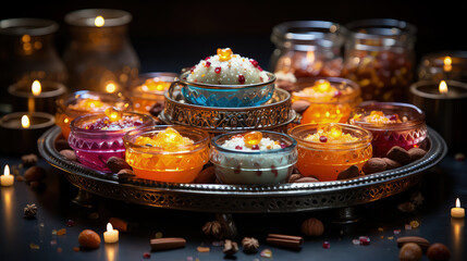 Fototapeta na wymiar Assorted colorful Indian desserts garnished with dry fruits, accompanied by lit oil lamps, create warm festive ambiance