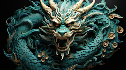Green dragon statue with imposing horns on its head, showcasing intricate details and craftsmanship