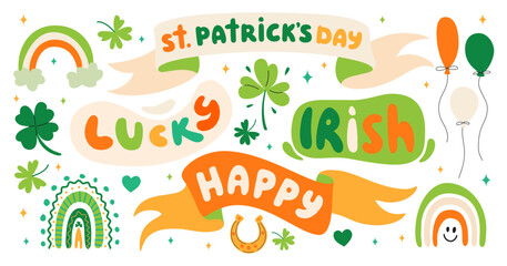 Happy Saint Patrick's day set. Ribbon banners with Groovy title. Festive bubbles with text, rainbow.