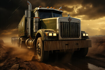 Large green truck moving down a dusty dirt road on a sunny day