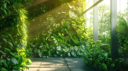 Interior of a green space with plants, vertical garden and natural light