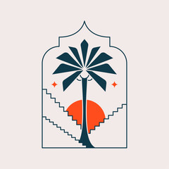 Palm tree arch frame thin line icon abstract design summer logo template modern minimal linear emblem for vacations rentals and travel services. Vector illustration
