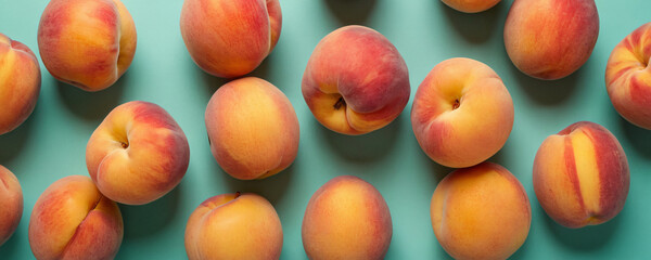 A collection of ripe, juicy peaches basking in their sun-kissed glory, set against a soothing mint...