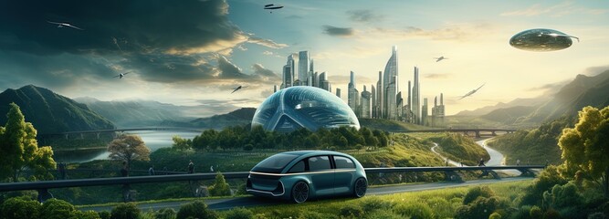 Future of sustainable transportation, with electric cars and flying cars coexisting in a green and clean cityscape, Futuristic city with sustainable development, harmonious urban planning - obrazy, fototapety, plakaty