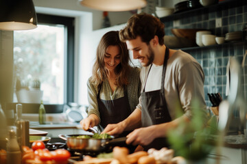 Happy Couple Cooking Together in a Cozy Home Kitchen
