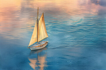 A photograph of a wooden sailboat gliding through calm waters at sunset, capturing warm hues and play of light on intricate details.