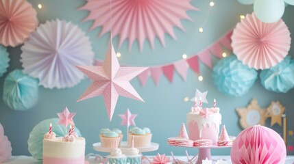 Indoor birthday party decoration with pastel paper fans and star-shaped ornaments