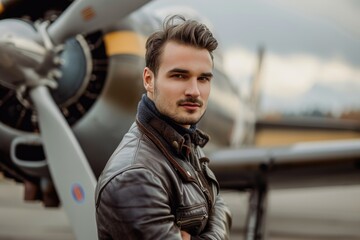 Handsome Pilot in Leather Jacket Standing by Vintage Airplane