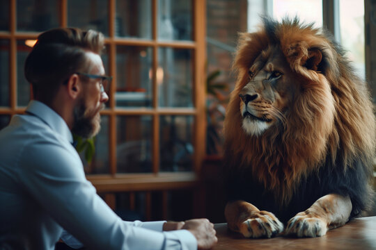 business man meeting with a lion for deal business, brave and against big deal photo