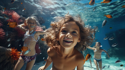 Joyful, smiling children swimming underwater with fishes in ocean or sea, magic of childhood and the wonders of the aquatic world