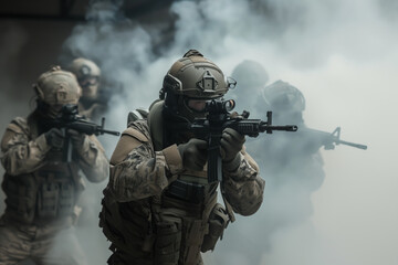 Armed Soldiers in Combat Gear Advancing Through Smoke During a Tactical Exercise